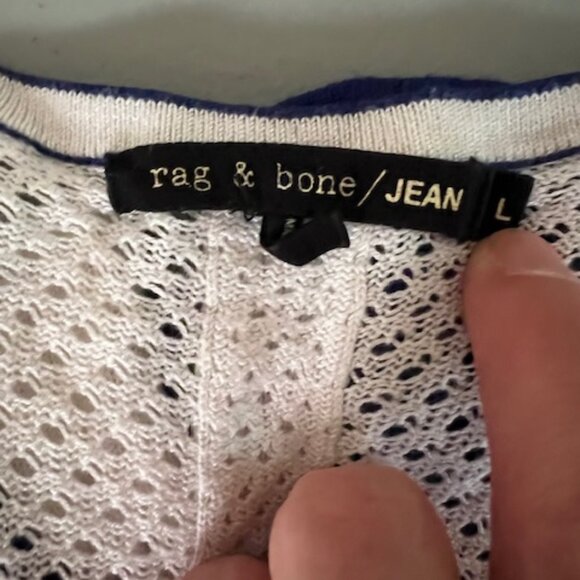 Rag & Bone/JEAN baseball-style white sweater with blue sleeves Sz L - Picture 3 of 3